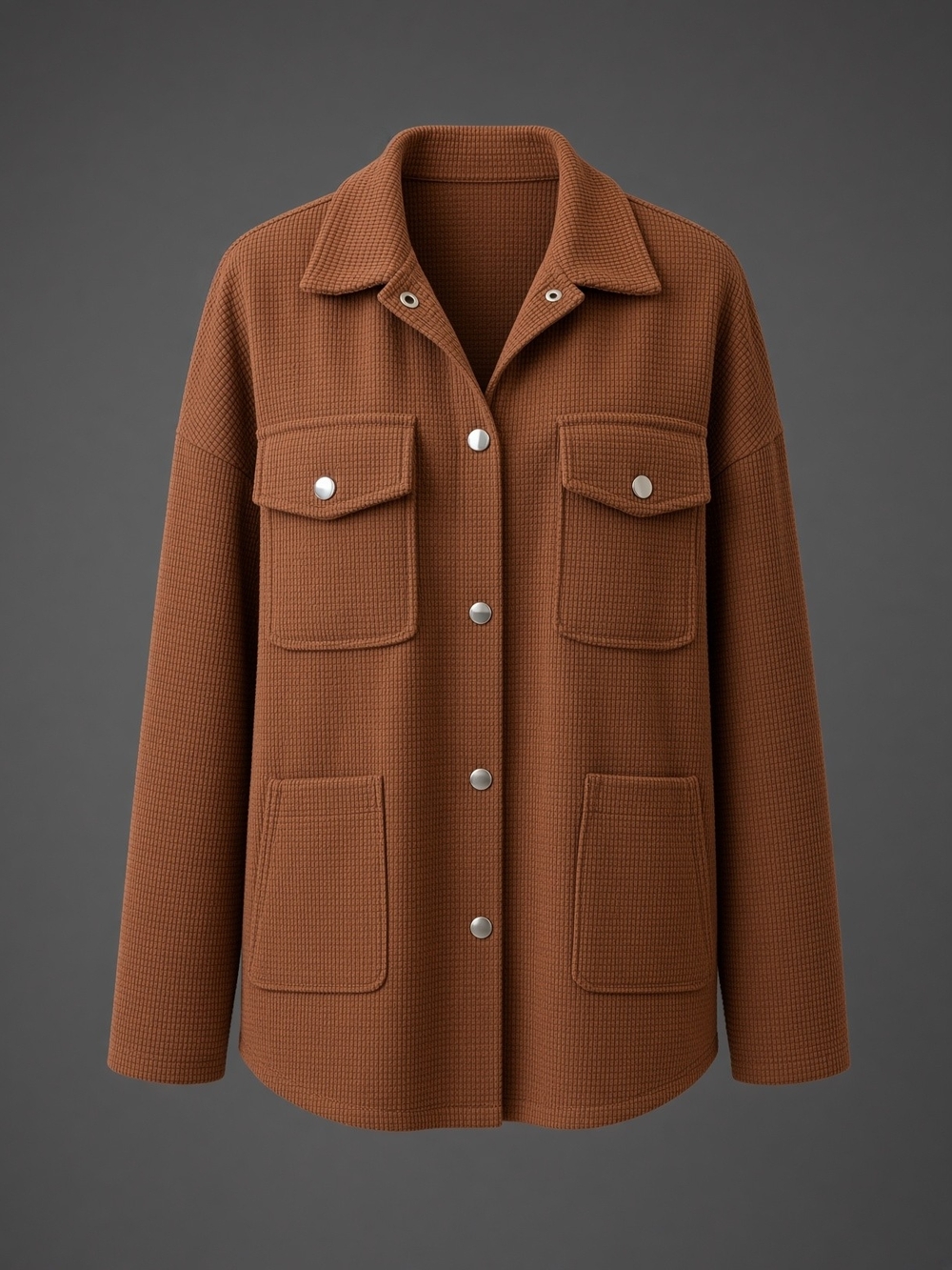 Waffle-Knit Button-Front Shirt Jacket in Chestnut Brown